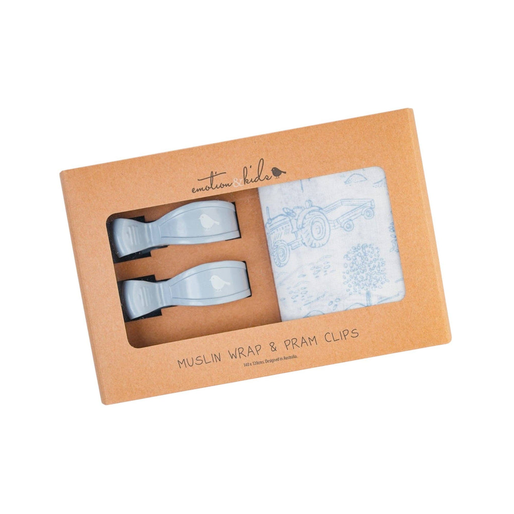 Dusty Blue Vintage Farm | Muslin Wrap & Pram Clip Set