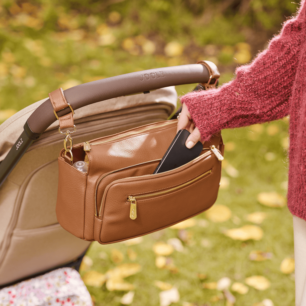 OiOi Multitasker Pram Caddy 2.0- Chestnut Brown Vegan Leather