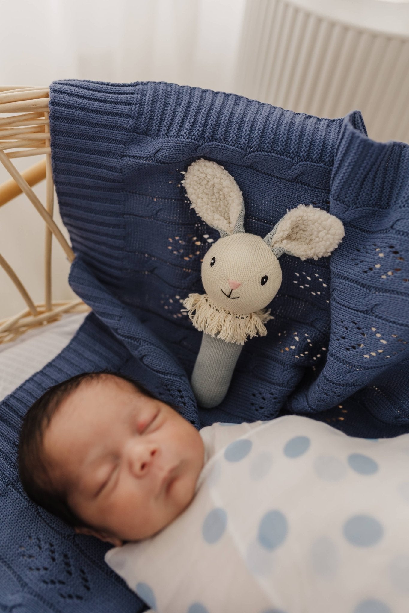 Nibbles Bunny Knitted Rattle | Dusty Blue premium baby gift - Baba-lando