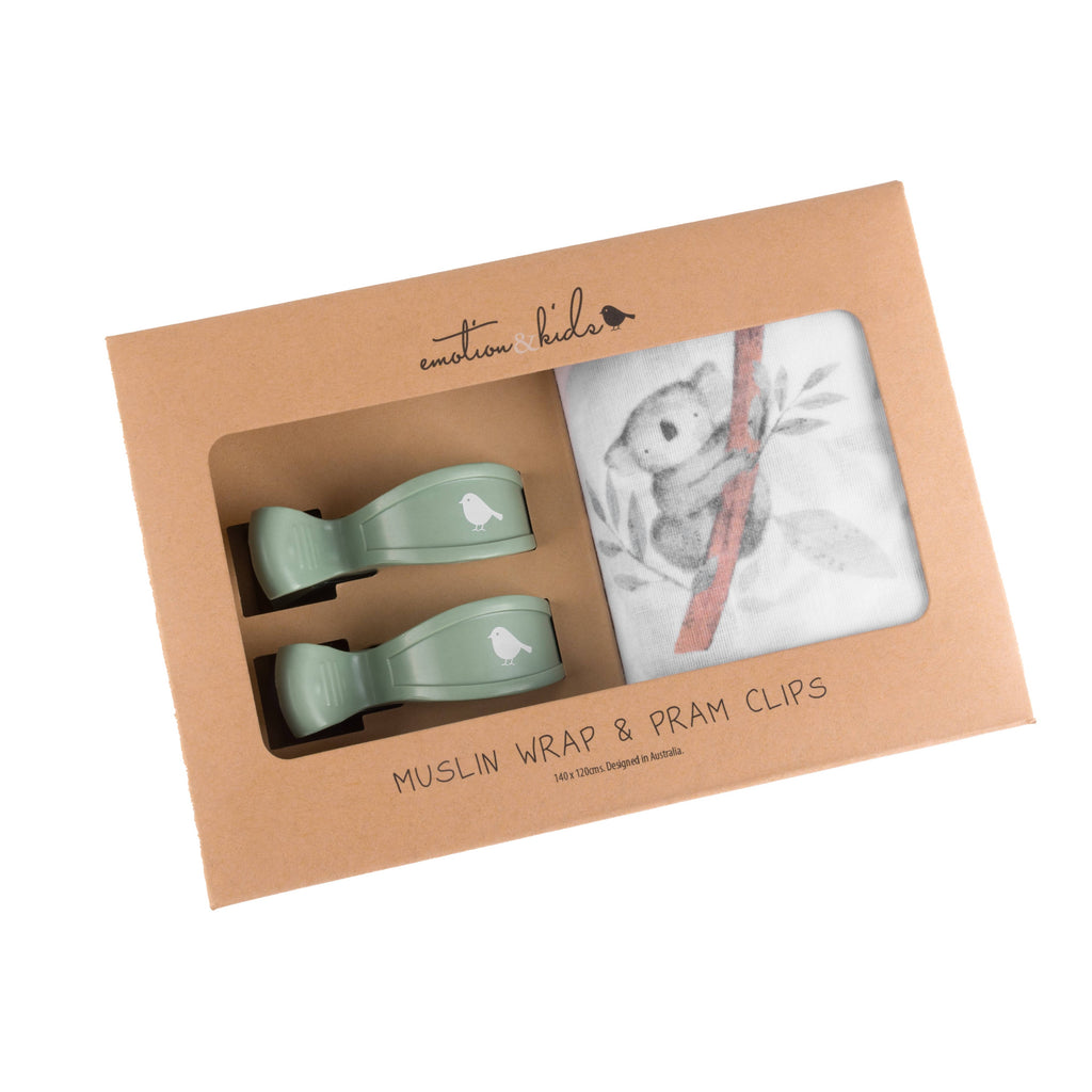 Koala Muslin Wrap & Grey/White Pram Clips Set