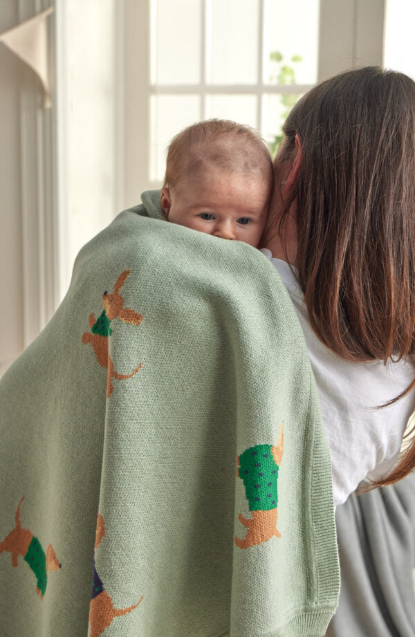 Dachshund Knitted Baby Blanket | Sage