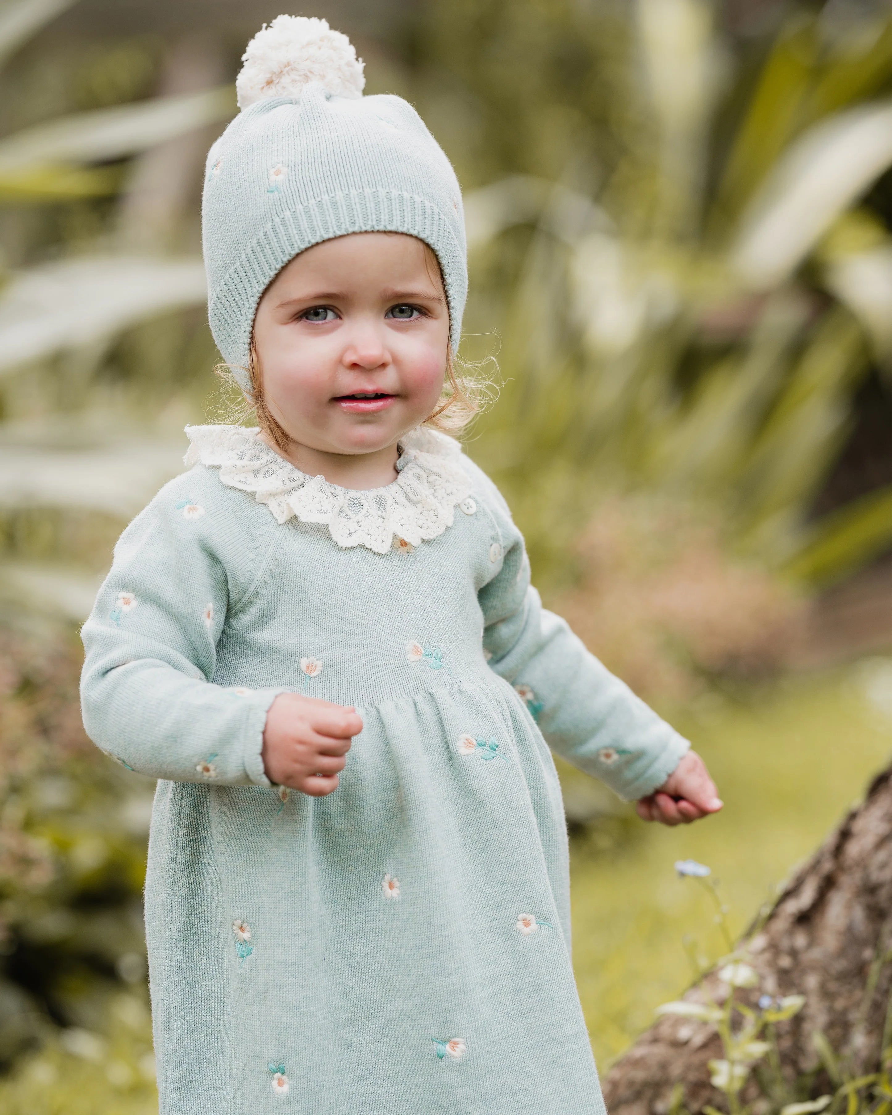 Fern Organic Embroidered Knitted Beenie - Sage