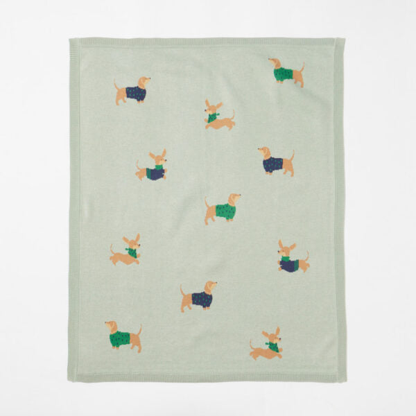 Dachshund Knitted Baby Blanket | Sage
