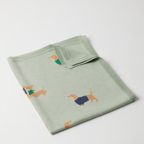 Dachshund Knitted Baby Blanket | Sage