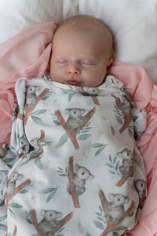 Koala Muslin Wrap & Grey/White Pram Clips Set